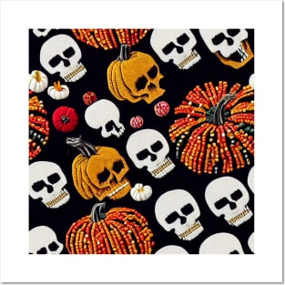 Embroidery stitch pumpkins and skulls in Mexican style with beads and fur pattern Posters and Art